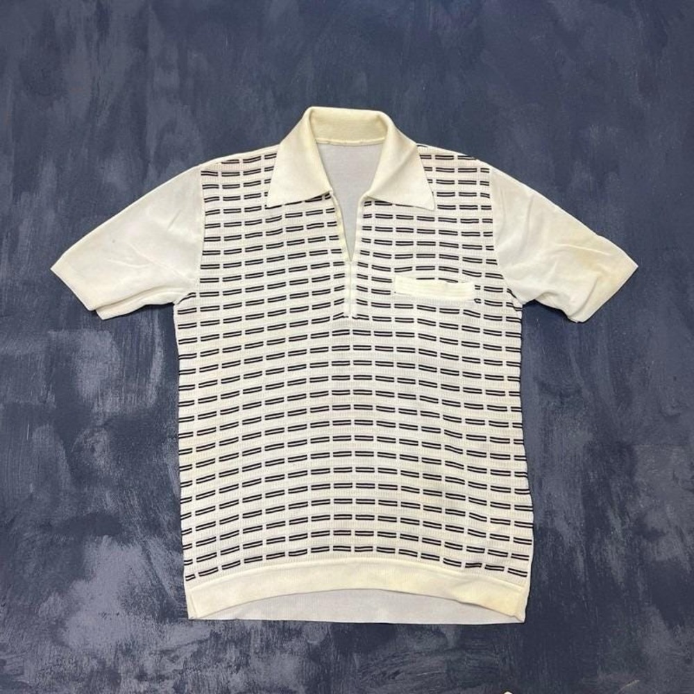 Vintage Striped Polo Shirt Mens Medium White 1970s Short Sleeve Acrylic